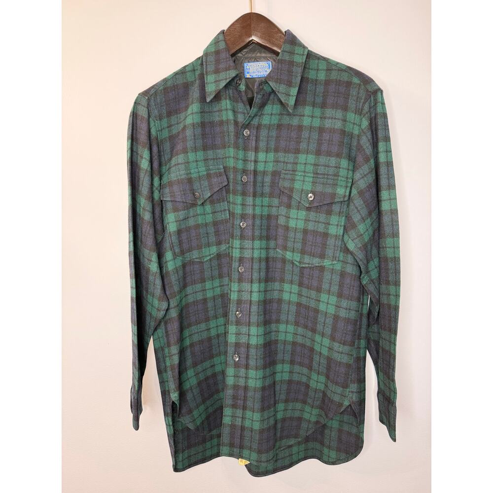 PENDLETON Vintage 60s Virgin Wool Green Tartan Plaid Flannel Shirt Mens 16 L USA - Picture 3 of 10